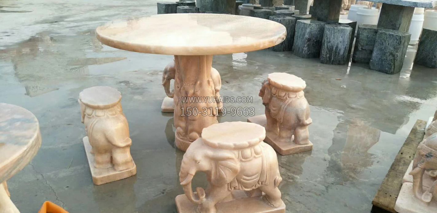 晚霞红小象石桌凳雕塑