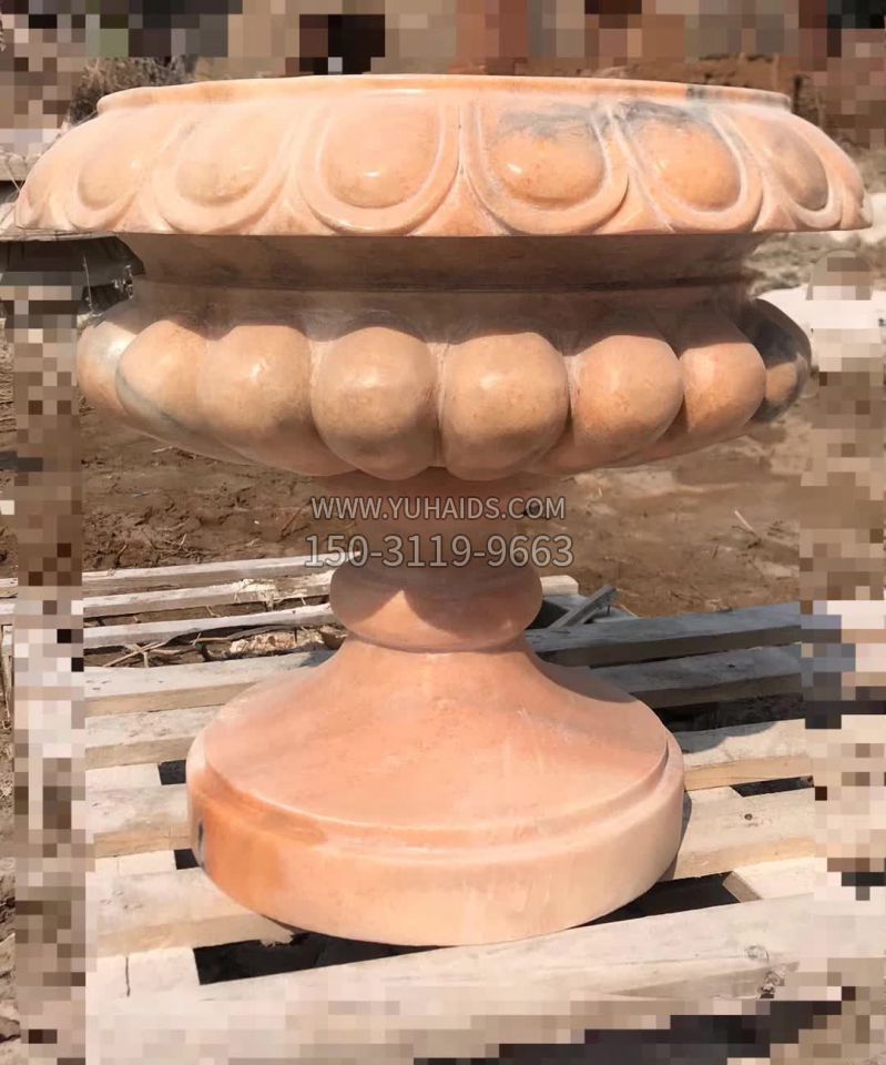 晚霞红石雕花盆 雕塑