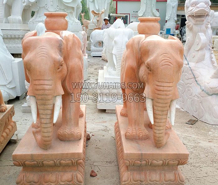 晚霞红驮宝瓶的大象门口招财石雕雕塑