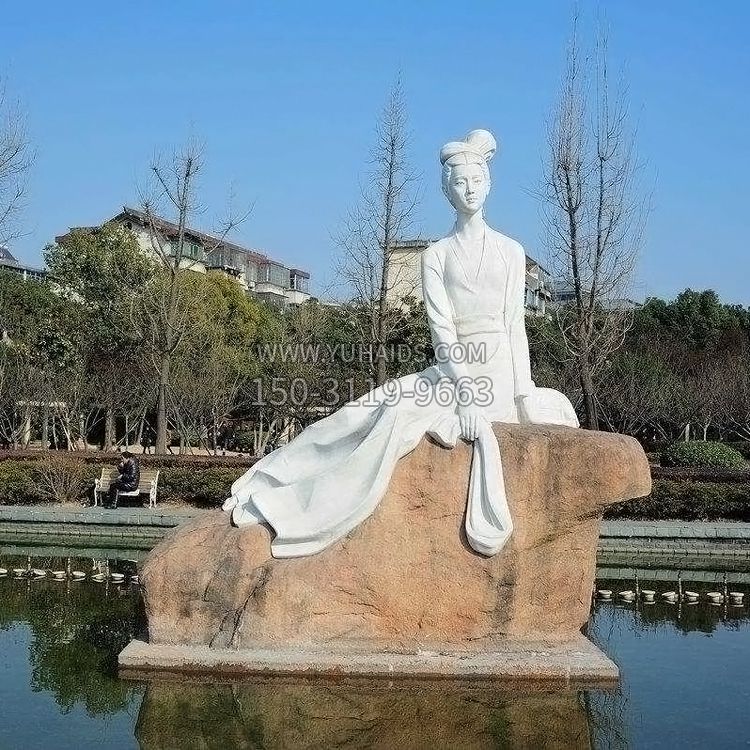 西施水景石雕景观,“沉鱼落雁”典故人物雕塑