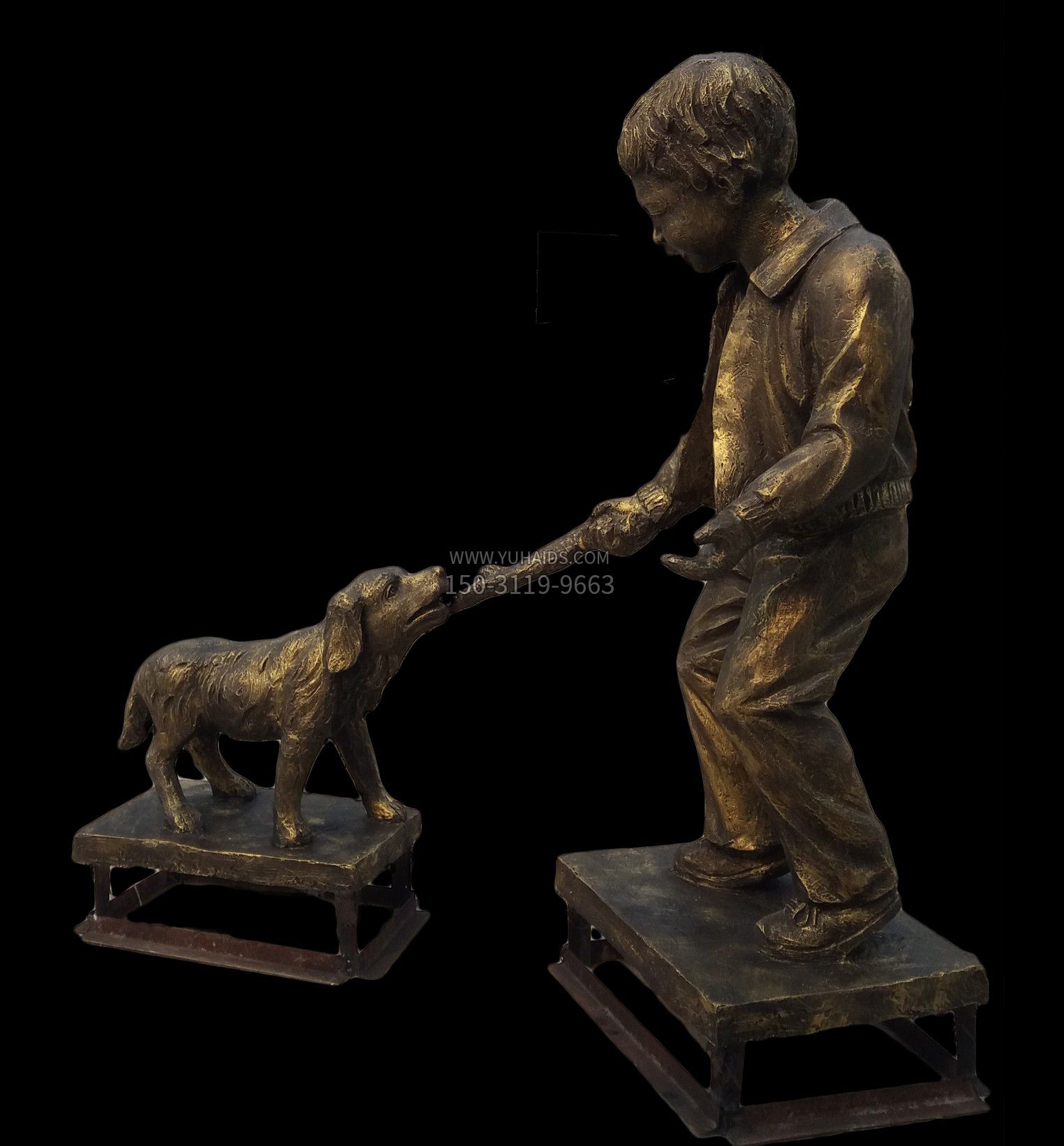 小孩喂狗铜雕雕塑
