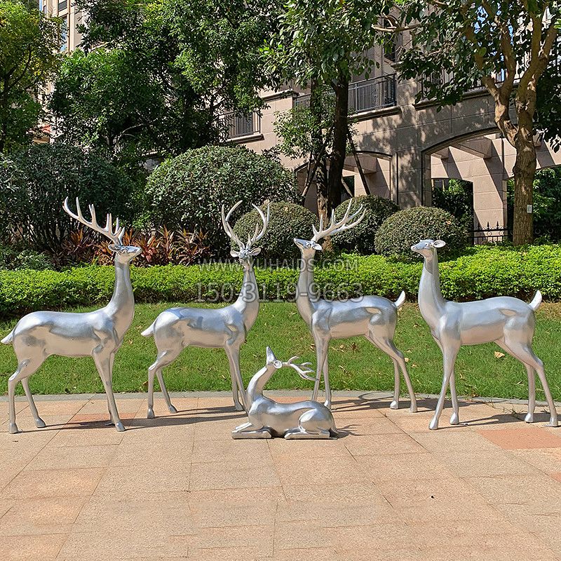银色玻璃钢仿不锈钢鹿雕塑-公园草坪动物摆件