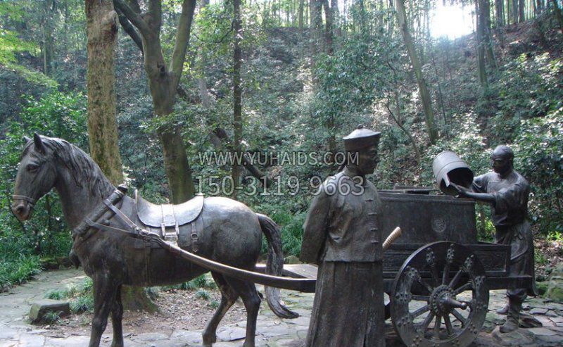 园林清朝士兵和马车小品铜雕雕塑
