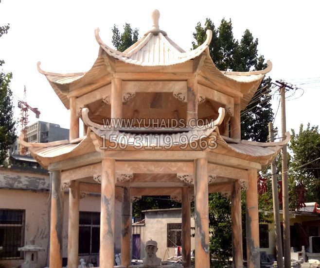 园林景观晚霞红双层石雕凉亭雕塑