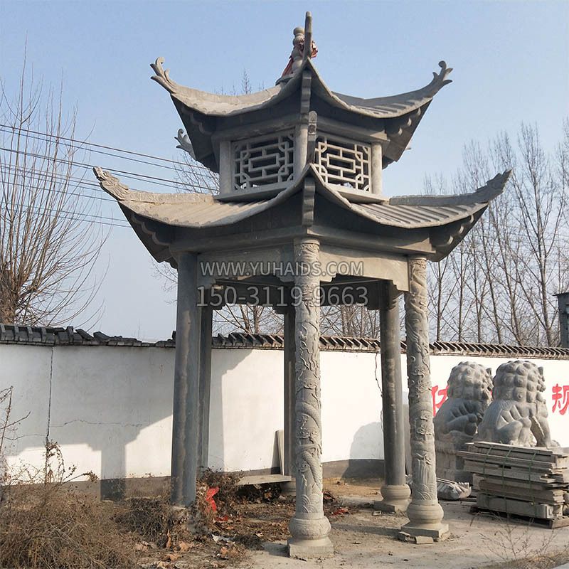 中式双层石雕凉亭雕塑