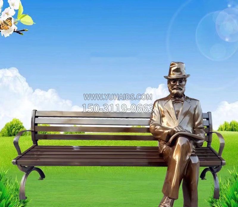 坐长椅看报纸的西方人物铜雕雕塑