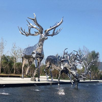 网格不锈钢鹿雕塑摆件-景区园林睡觉动物景观