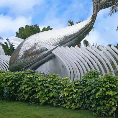 网格鲸鱼不锈钢景观雕塑-大型公园园林动物雕塑
