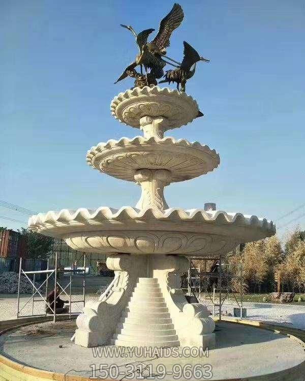 广场汉白玉雕刻欧式三层流水水钵喷泉景观雕塑