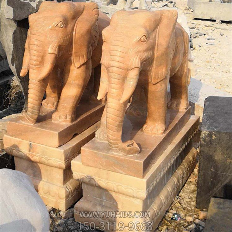 晚霞红雕刻大象一对，别墅园林招财纳福石雕象雕塑