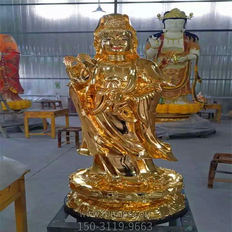 景区寺庙不锈钢喷金烤漆三圣雕塑