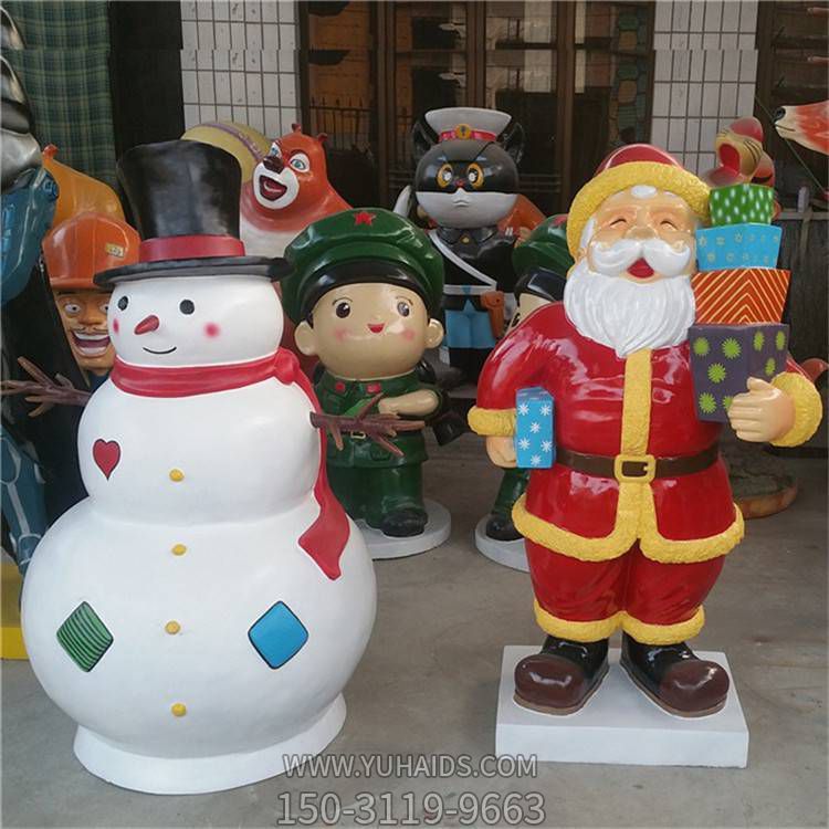 玻璃钢卡通彩绘雪人圣诞老人组合小品商场圣诞主题雕塑
