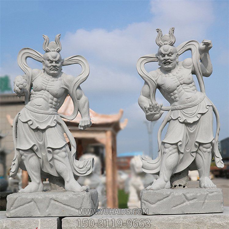 寺院摆放青石雕刻哼哈二将雕像雕塑