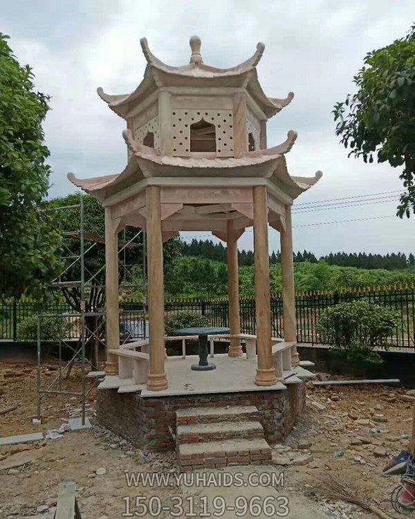 园林公园晚霞红石雕双层凉亭雕塑