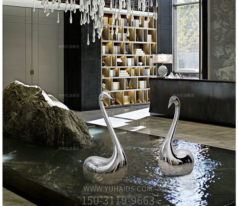 室内抽象游泳不锈钢镜面天鹅雕塑