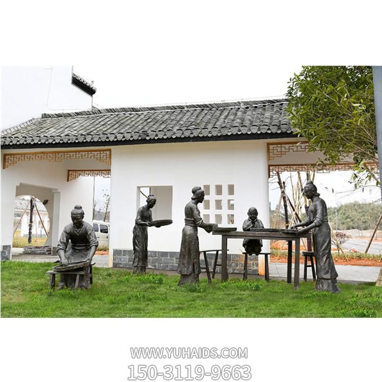 园林户外景观茶文化玻璃钢仿铜洗茶晒茶的人物景观雕塑