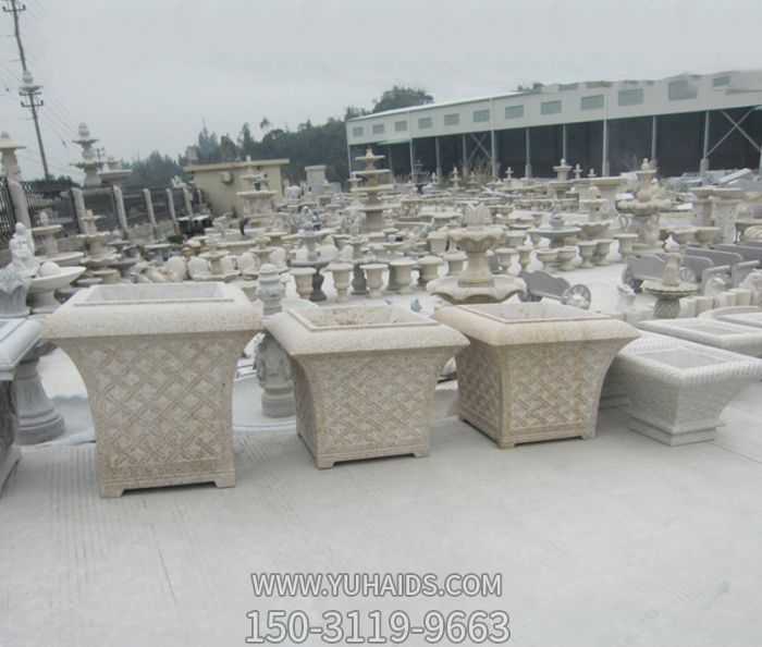 方形大理石石雕浮雕花盆雕塑