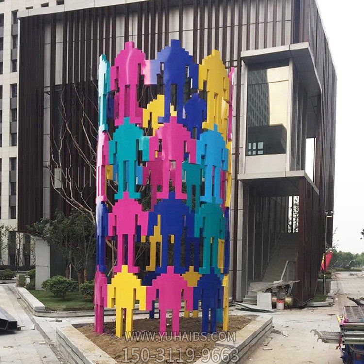 商业街摆放不锈钢几何彩绘抽象人景观墙雕塑
