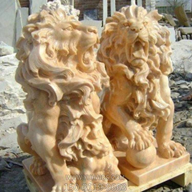 晚霞红大理石石雕狮子景观雕塑