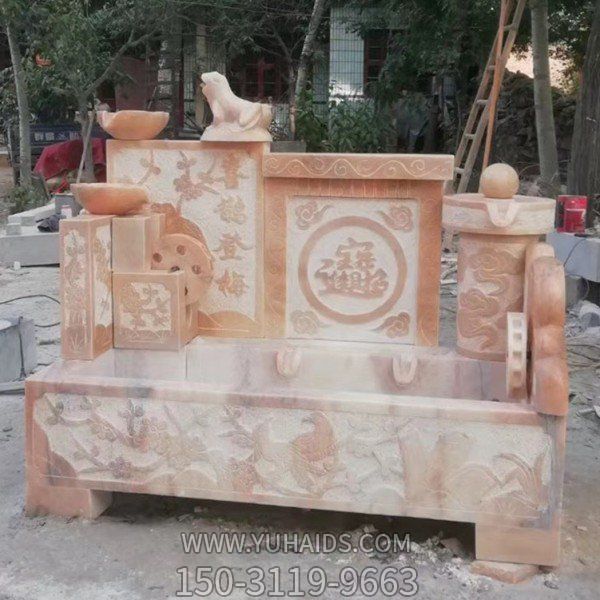 庭院摆放天然晚霞红雕刻喜鹊登梅流水石鱼缸雕塑