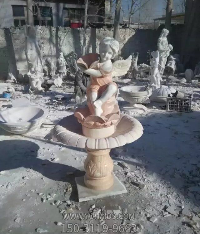 晚霞红大理石石雕西方人物喷泉流水摆件雕塑