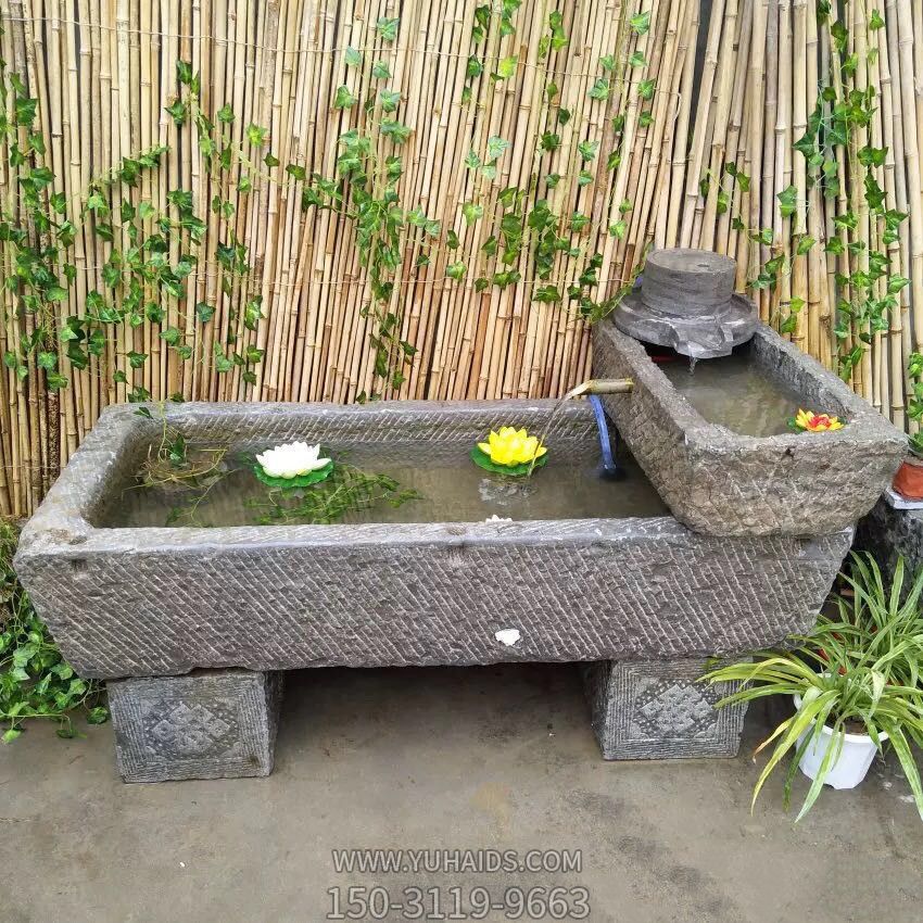 老旧石槽鱼缸石头鱼池水缸养鱼花盆户外庭院石磨青石流水摆件雕塑