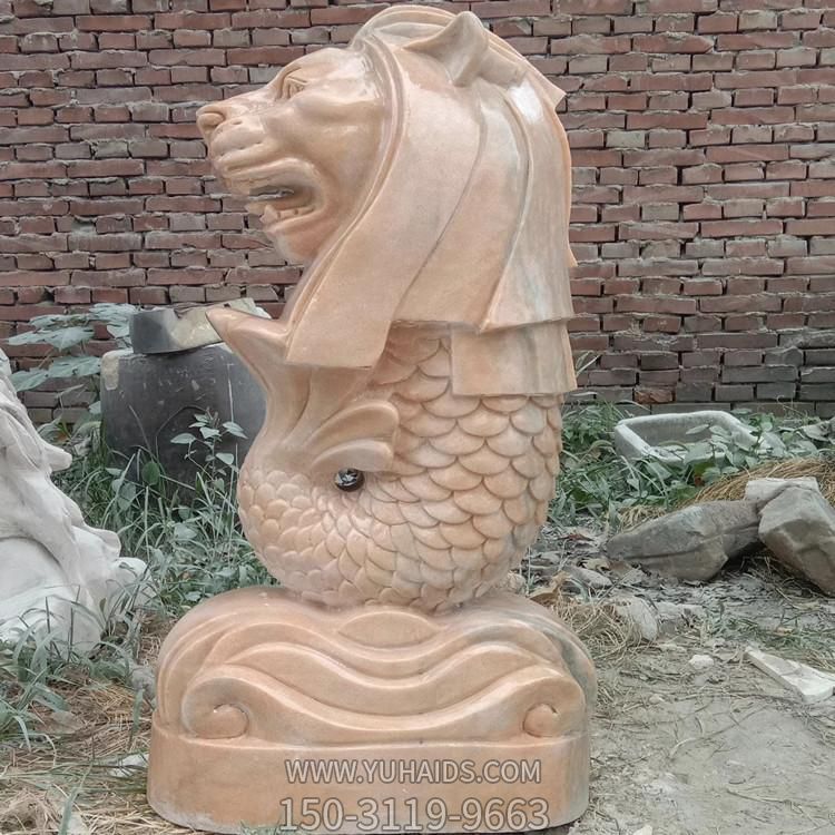 天然晚霞红雕刻鱼尾狮 广场水池喷水雕塑