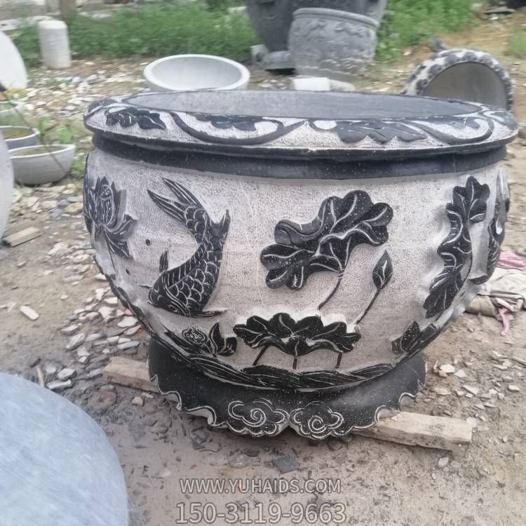 青石浮雕仿古水缸别墅园林摆件雕塑