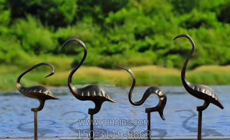 不锈钢抽象仿铜公园池塘仙鹤雕塑