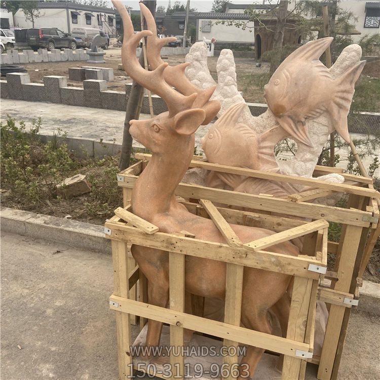 天然大理石晚霞红梅花鹿动物雕塑景区公园摆件