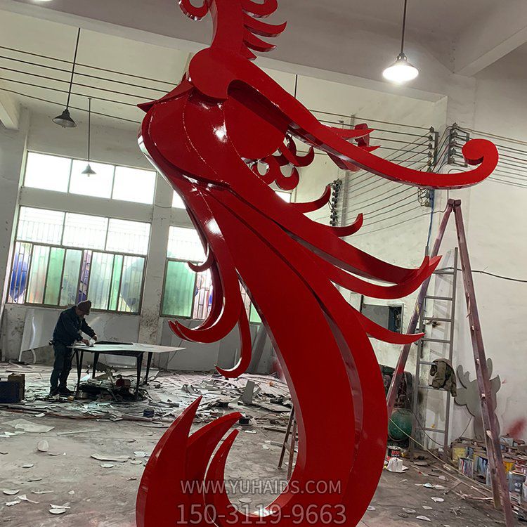 抽象不锈钢红色凤凰雕塑