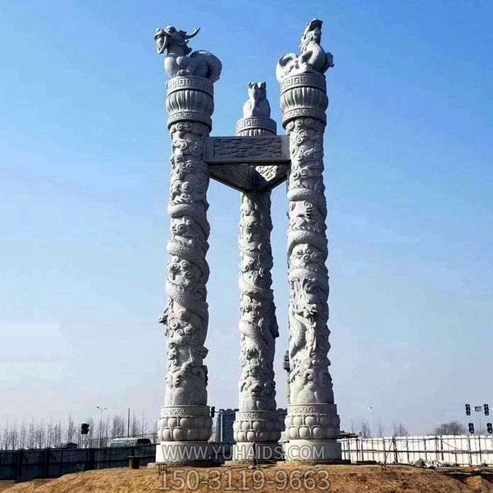 公园广场三柱鼎立龙纹华表石雕雕塑