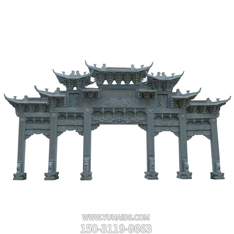 青石园林景观仿古建筑斗拱五门楼牌坊雕塑