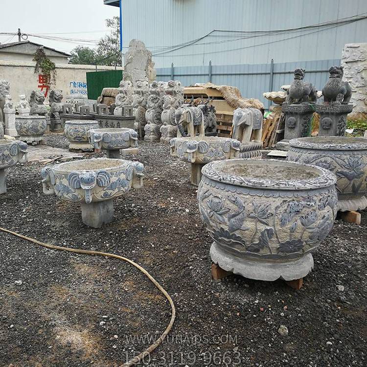 青石浮雕户外园林景观花盆雕塑