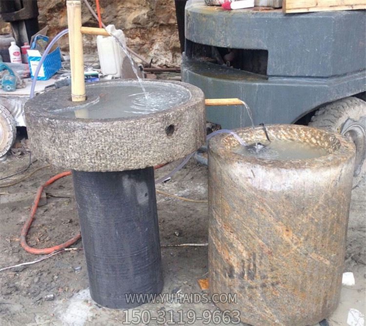 家用石雕旧石槽摆件组合流水老石磨旧石磨石盘盆流水鱼缸雕塑