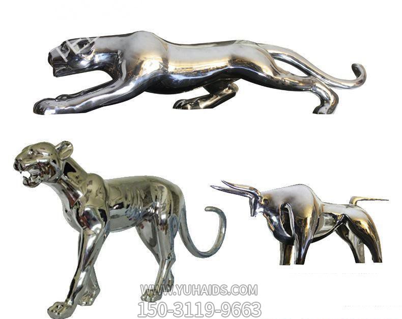 不锈钢镜面行走奔跑的的金钱豹雕塑