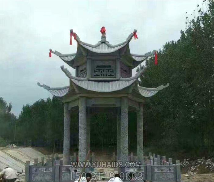 村庄建设河道边摆放青石双层仿古建观景凉亭雕塑
