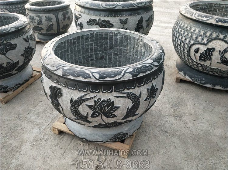 仿古石盆庭院青石荷花缸户外装饰莲花缸雕塑