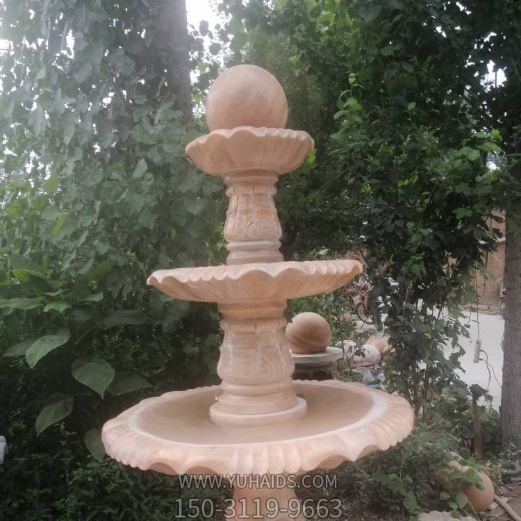 庭院摆放晚霞红三层石雕中式风水球喷泉雕塑