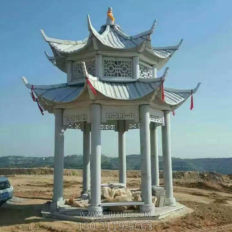 园林公园大理石石雕双层中式六角凉亭雕塑