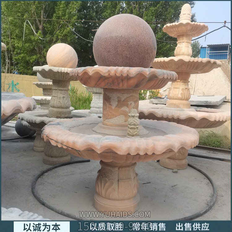别墅小区晚霞红石雕园林景观风水球喷泉流水摆件雕塑