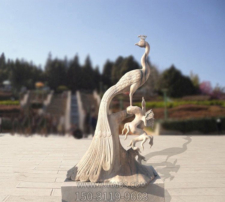 到路边一只回头的汉白玉石雕创意孔雀雕塑