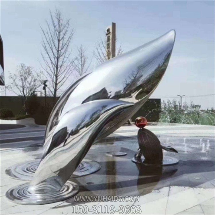 房产售楼部户外喷泉摆放不锈钢镜面鲸鱼雕塑