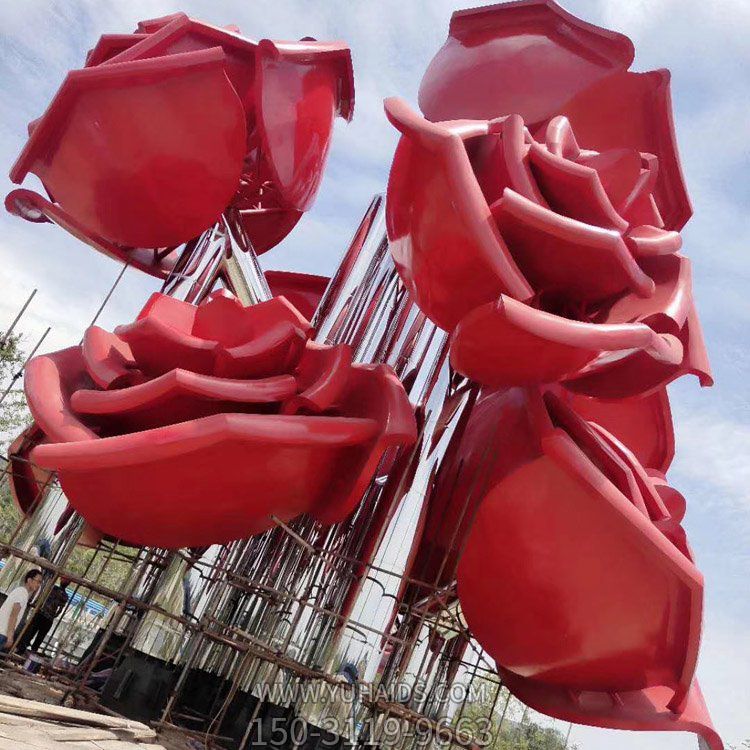 城市广场摆放大型不锈钢喷漆玫瑰花景观雕塑
