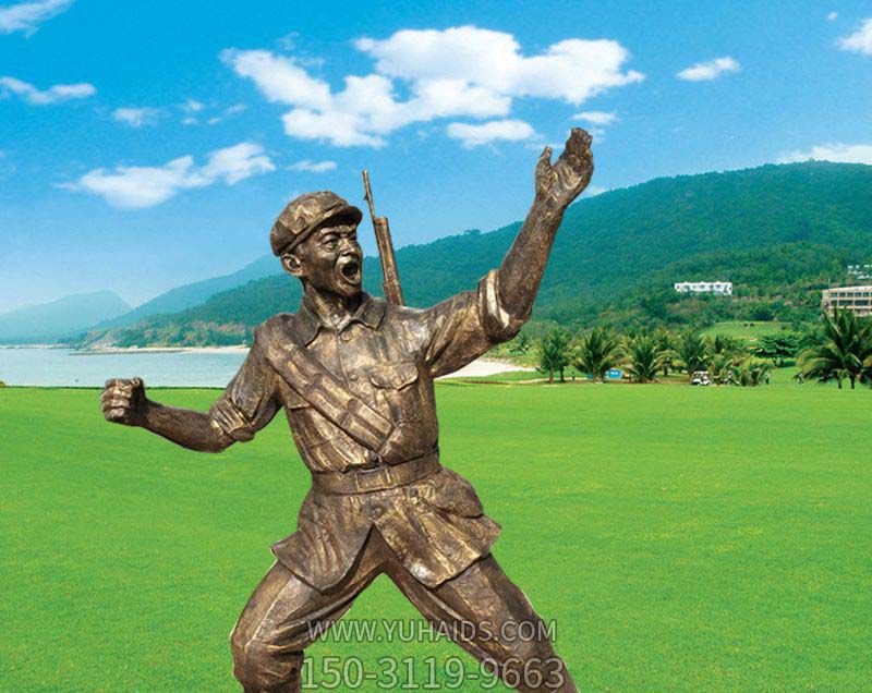 景区铜雕呐喊的八路军雕塑
