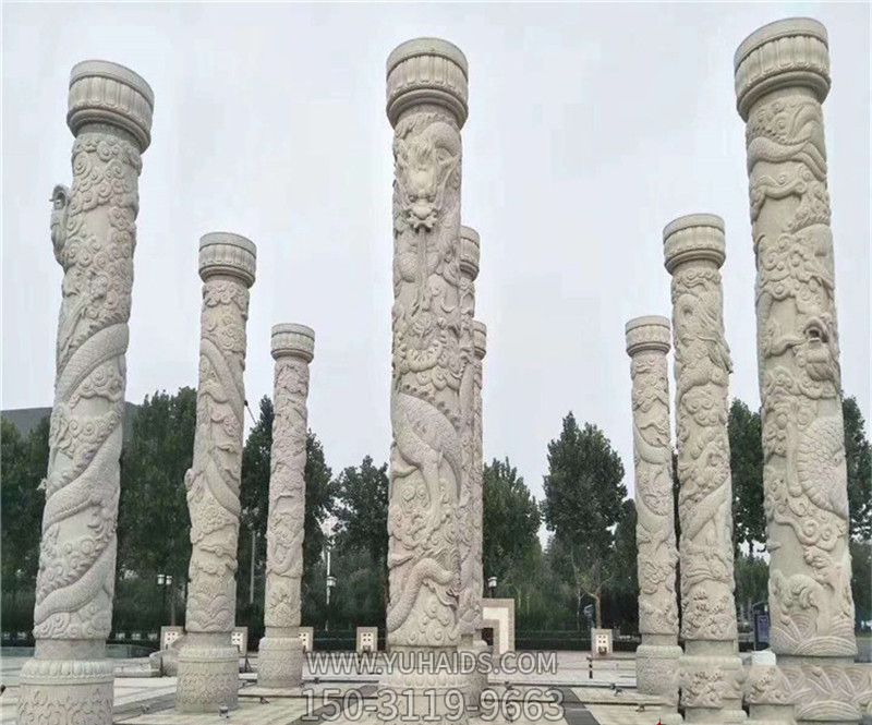 公园广场摆放汉白玉浮雕龙柱风水摆件雕塑