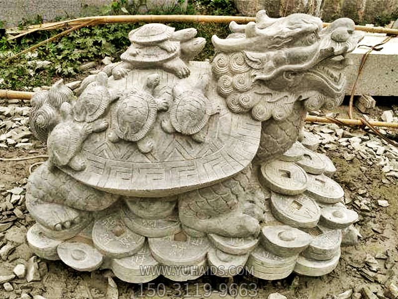 公园里摆放的坐着铜钱上的石雕雕塑创意龙龟雕塑