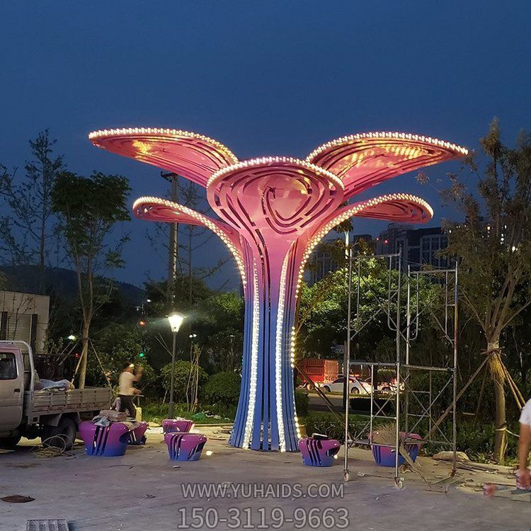 小区不锈钢镂空灯光树叶雕塑城市夜景亮化装饰摆件