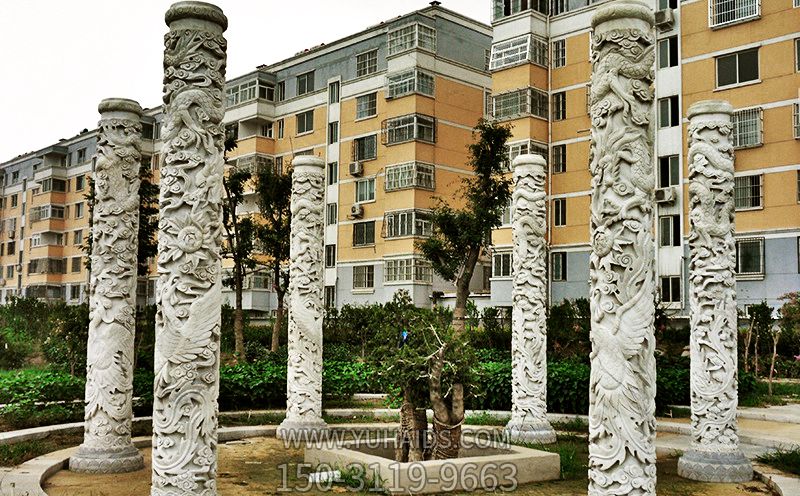 小区花园摆放大理石浮雕龙柱雕塑