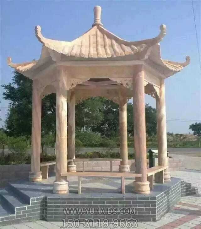 户外公园大型晚霞红大理石 六角凉亭雕塑